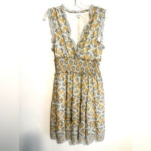 Max Studio Sleeveless Floral Print Dress. Yellow Gold/Green, Ruffle Accents Sz M